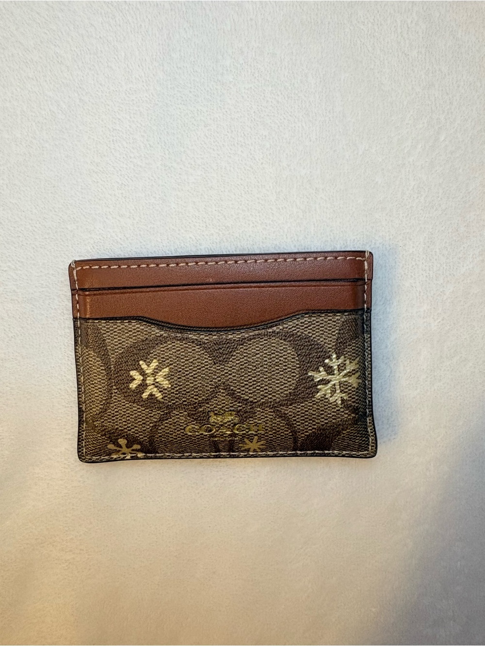 Coach Brown Signature Canvas Card Holder with Tan Leather Trim